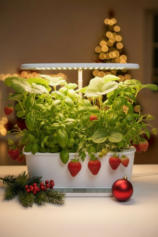 EcoSprout36 indendørs køkkenhave med friske jordbær og urter som julegave 2025