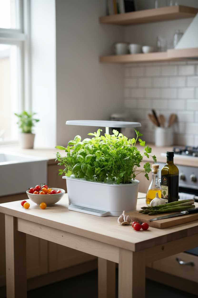 EcoSprout36 med friske urter klar til madlavning - fra køkkenhave til tallerken på sekunder