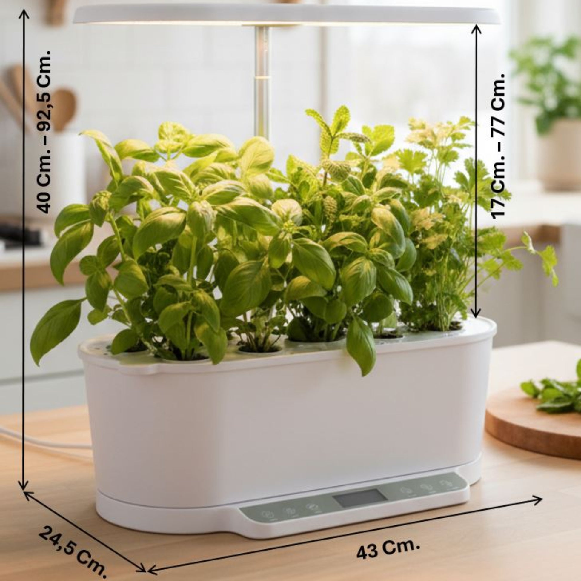 EcoSprout36 dimensioner: 43 cm bred, 24,5 cm dyb, 40-92,5 cm høj, plantehøjde op til 77 cm