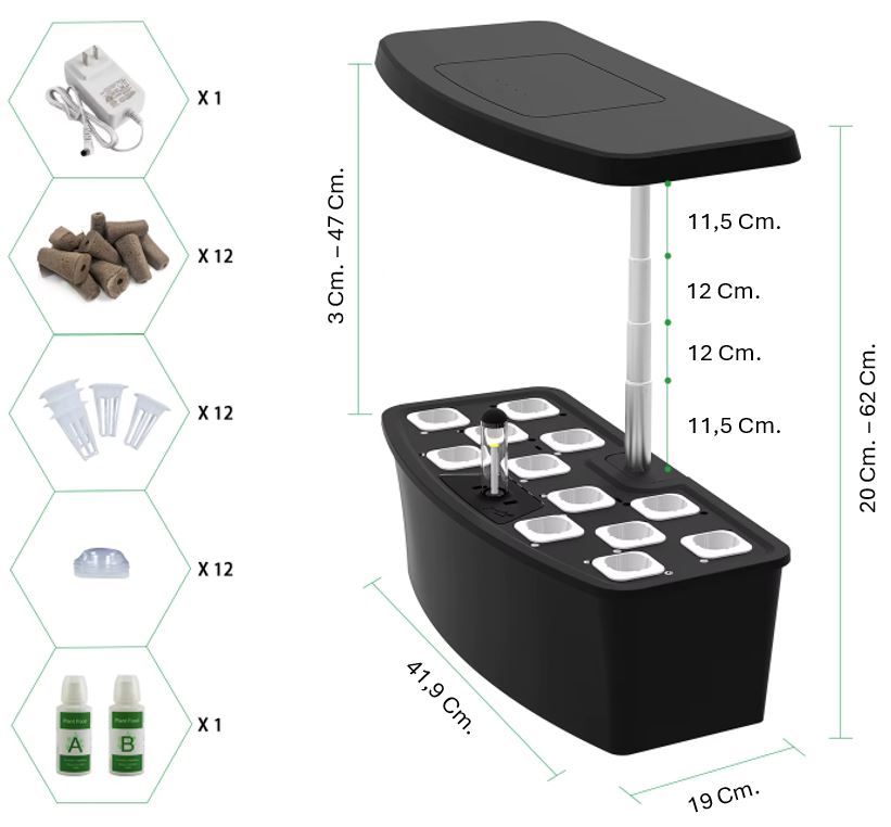 EcoSprout27 pakkens indhold: strømadapter, 12 grosvampe, 12 dyrkningskurve, 12 låg, næring A og B