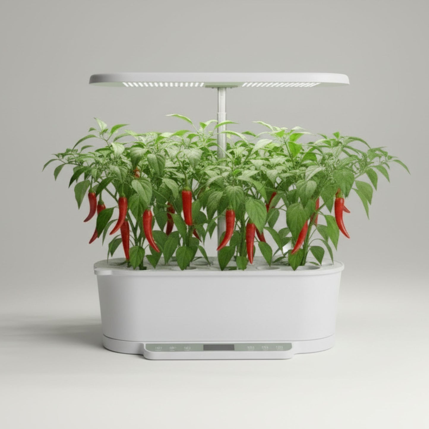 EcoSprout36 hydroponisk dyrkningssystem med De Cayenne chili—tætte grønne planter med lange, røde chilier under LED-lys.