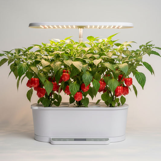 EcoSprout36 hydroponisk dyrkningssystem med Habanero Rød—frodige grønne planter med mange røde chilier under LED-lys.