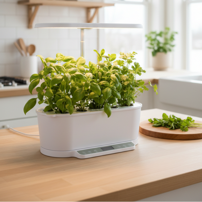 Smart hvidt indendørs hydroponisk havesystem med frodige grønne krydderurter på en lys træbordplade i et moderne, lyst køkken