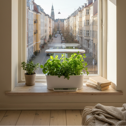 EcoSprout36 på vindueskarm i dansk lejlighed - perfekt til byboere og små boliger