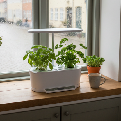 Smart hvidt indendørs hydroponisk havesystem med friske krydderurter i en vindueskarm på en regnvejrsdag, med udsigt til hyggelige danske byhuse og en kaffekop ved siden af