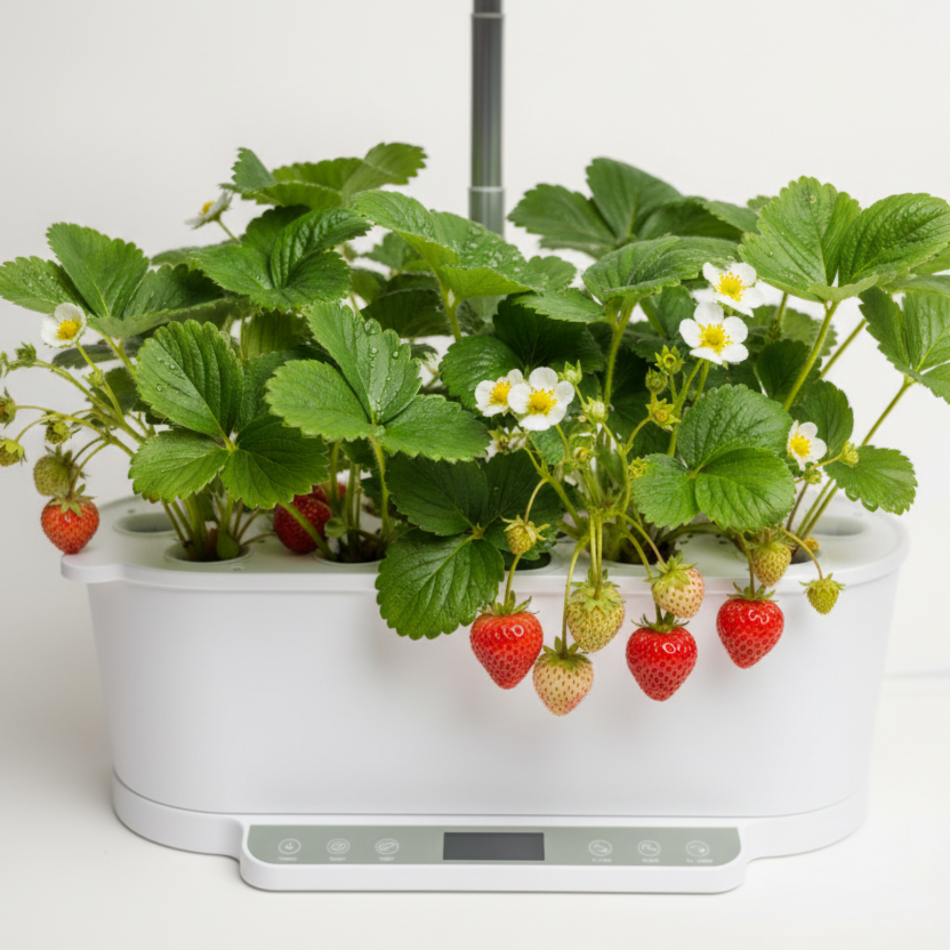 Smart hvidt indendørs hydroponisk dyrkningssystem fyldt med grønne jordbærplanter med hvide blomster og modne røde jordbær hængende over kanten